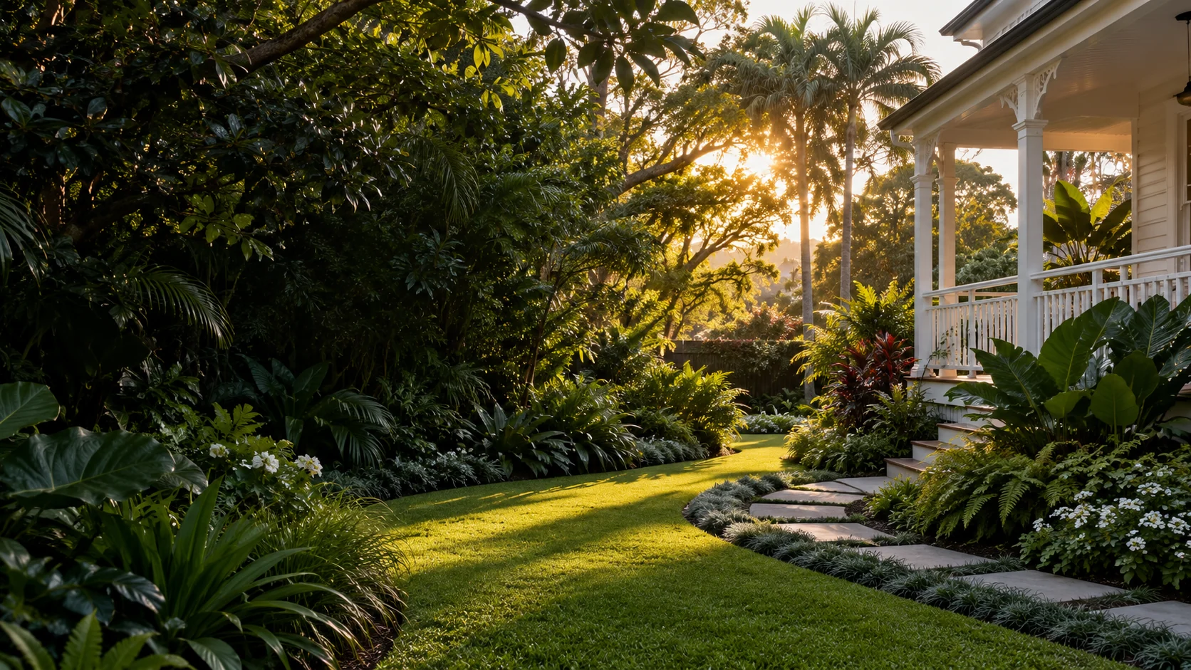 A garden concept with lush subtropical planting, a stone path and a Queenslander veranda